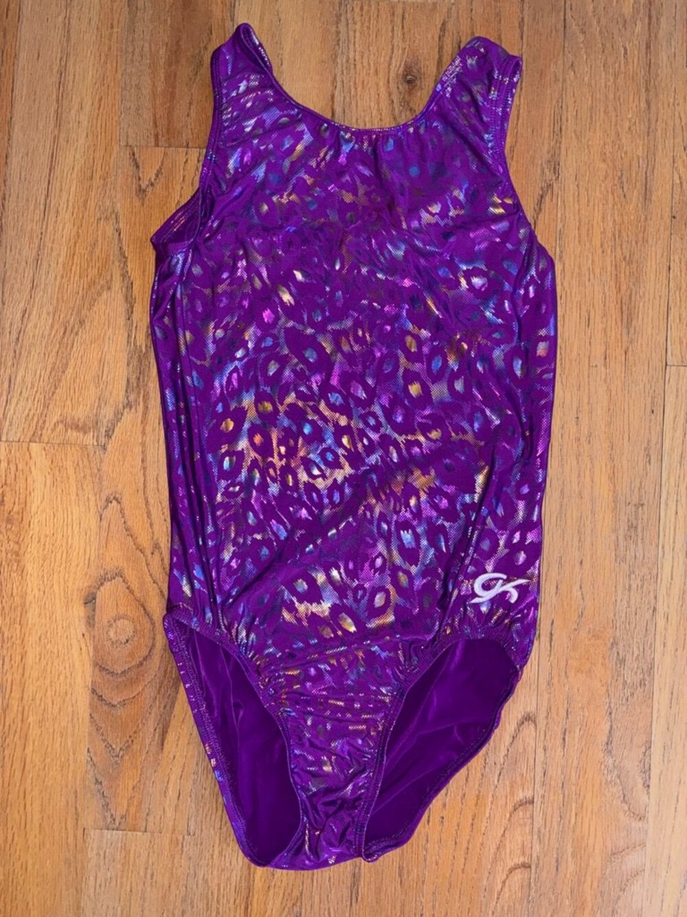 GK Elite Purple Metallic Leopard Gymnastics Leotard AM Adult Medium